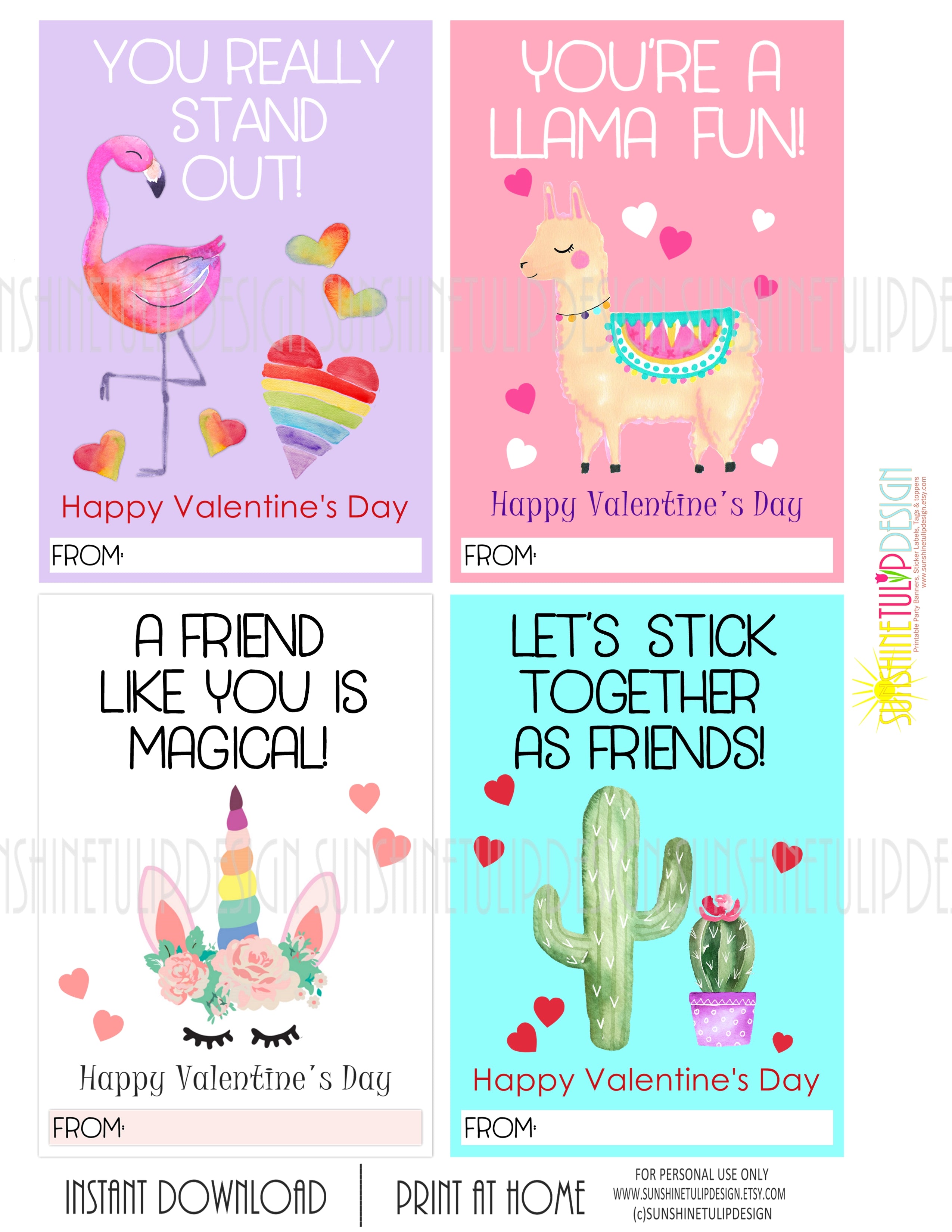 Printable Valentines Day Cards, Kid's Valentine's Cards, Instant Downl - Sunshinetulipdesign
